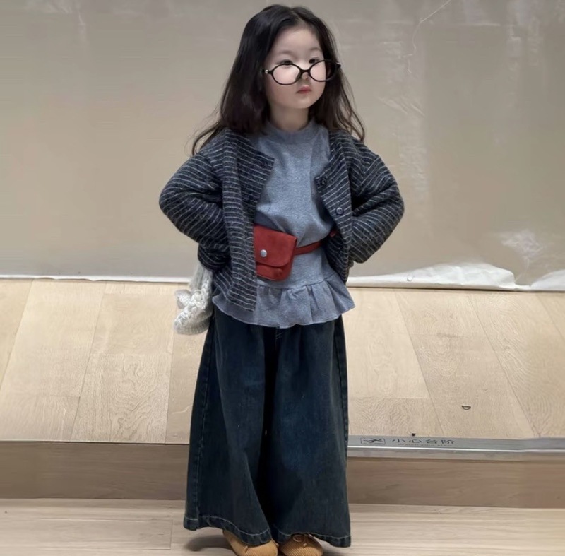 韩版童装2025秋季新款女宝宝条纹开衫花边打底衫牛仔阔腿裤三件套|undefined