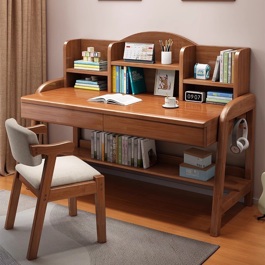 Solid Wood Children's Study Table for Primary and Secondary School Students, Home Bookshelf Integrated Table, Bedroom Liftable Children's Writing Desk and Chair