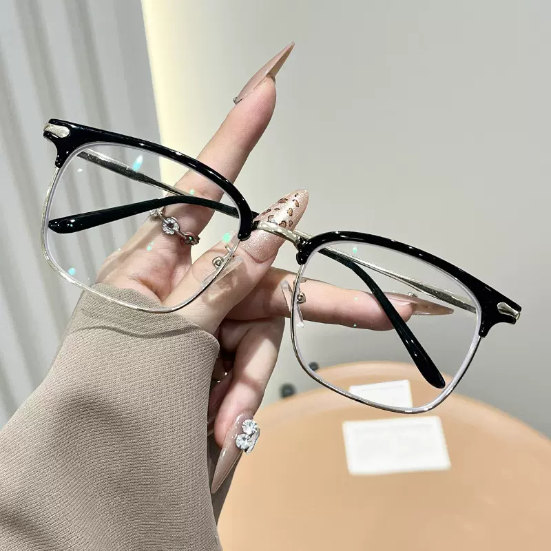 小号新款防蓝光眼镜时尚眉毛全框眼镜潮男摆拍近视黑金眼镜框架