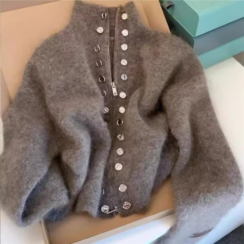 Gray Heavy-Duty Double-Breasted Stand-Up Collar Knitwear Jacket for Women in Autumn and Winter Thickeneded High-End Lazy Zipper Knitwear Top