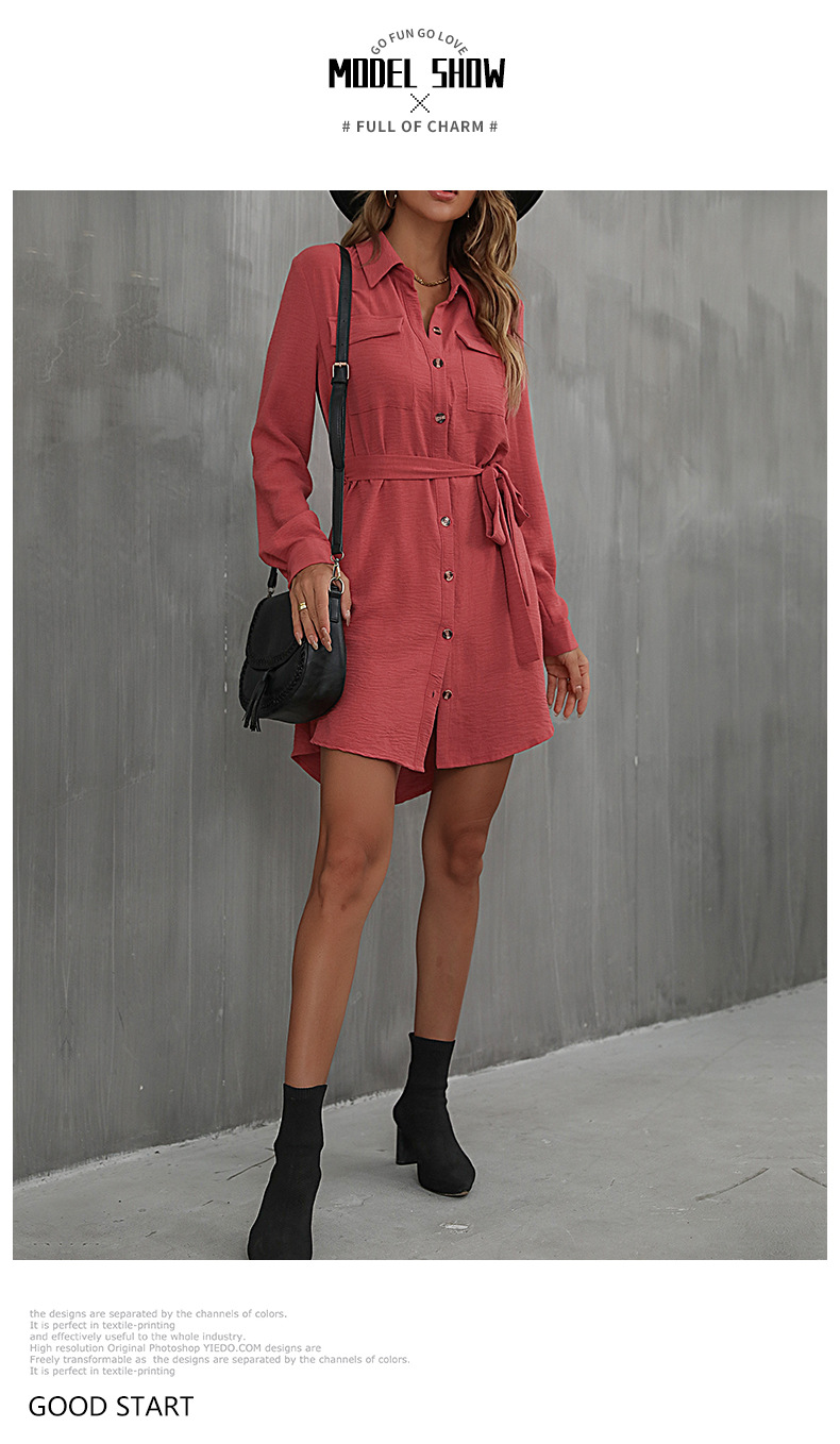 Rochie cămașă dama cu cordon în talie și guler pentru toamnă_voghion.com