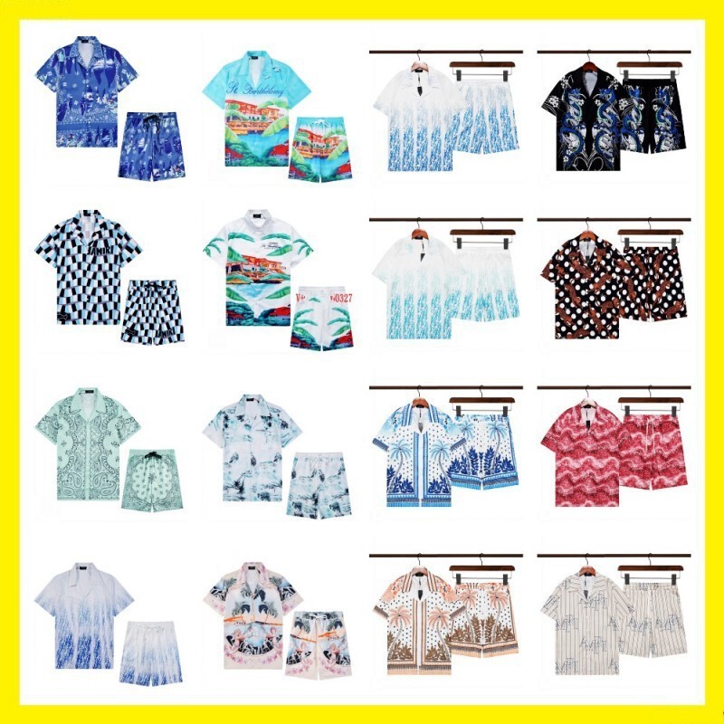 Foreign trade wholesale independent station 24 new amiri short sleeve printed shirt retro Hawaiian shorts couples suit