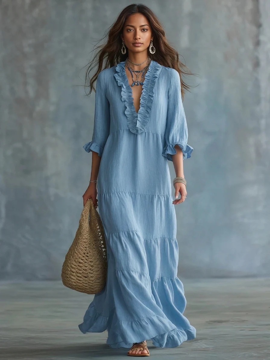 Light Blue Lotus Leaf V-Neck Three-Quarter Puff Sleeve Layered Cake-Style Long Dress, Loose Linen Vacation Artistic Long Dress