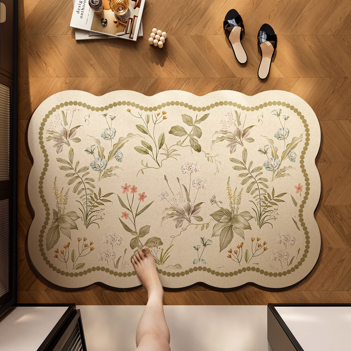 American Floral Diatom Mud Floor Mat, Absorbent Bathroom Floor Mat, Bathroom Stain-Resistant, Quick-Drying Foot Mat, Rubber Bottom Anti-Slip Mat