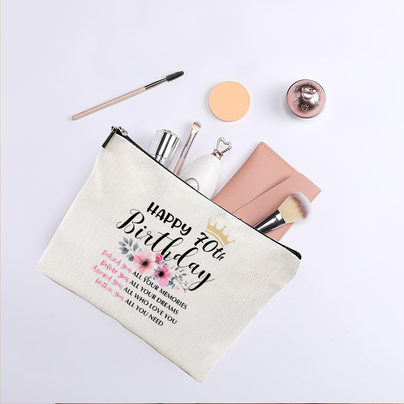 Bolso de maquillaje transfronterizo para mujer de Amazon, bolsa de maquillaje de cumpleaños de 70 años, bolsa de almacenamiento, bolsa de lino impermeable con cremallera