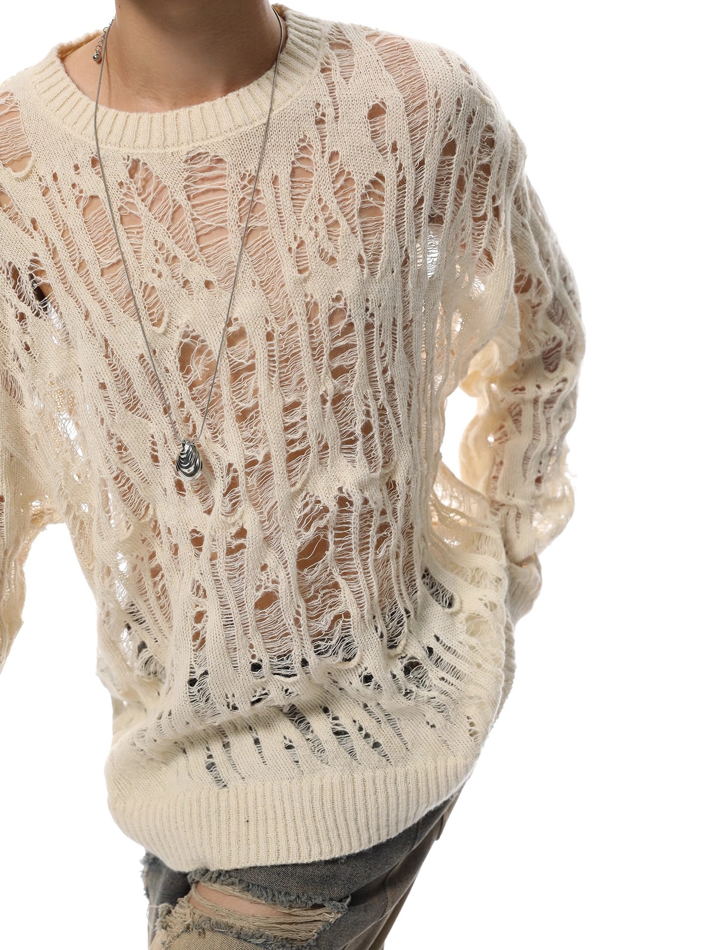 Diseño de nicho sensación de hollow overhead suéter hombre relajado casual versátil perezoso agujero jersey top