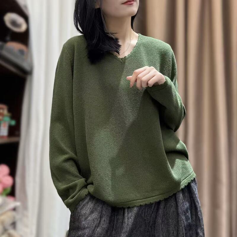 2025秋韩版宽松简约V领波浪边纯色套头针织衫百搭毛衣上衣女0820|undefined