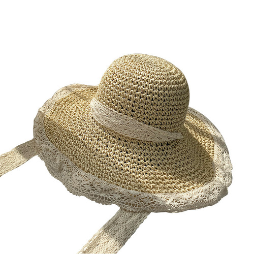 Hat Women's Straw Hat Korean Style Trendy Versatile Japanese Summer Thin Breathable Lace Hollow Small Fresh Windproof Rope