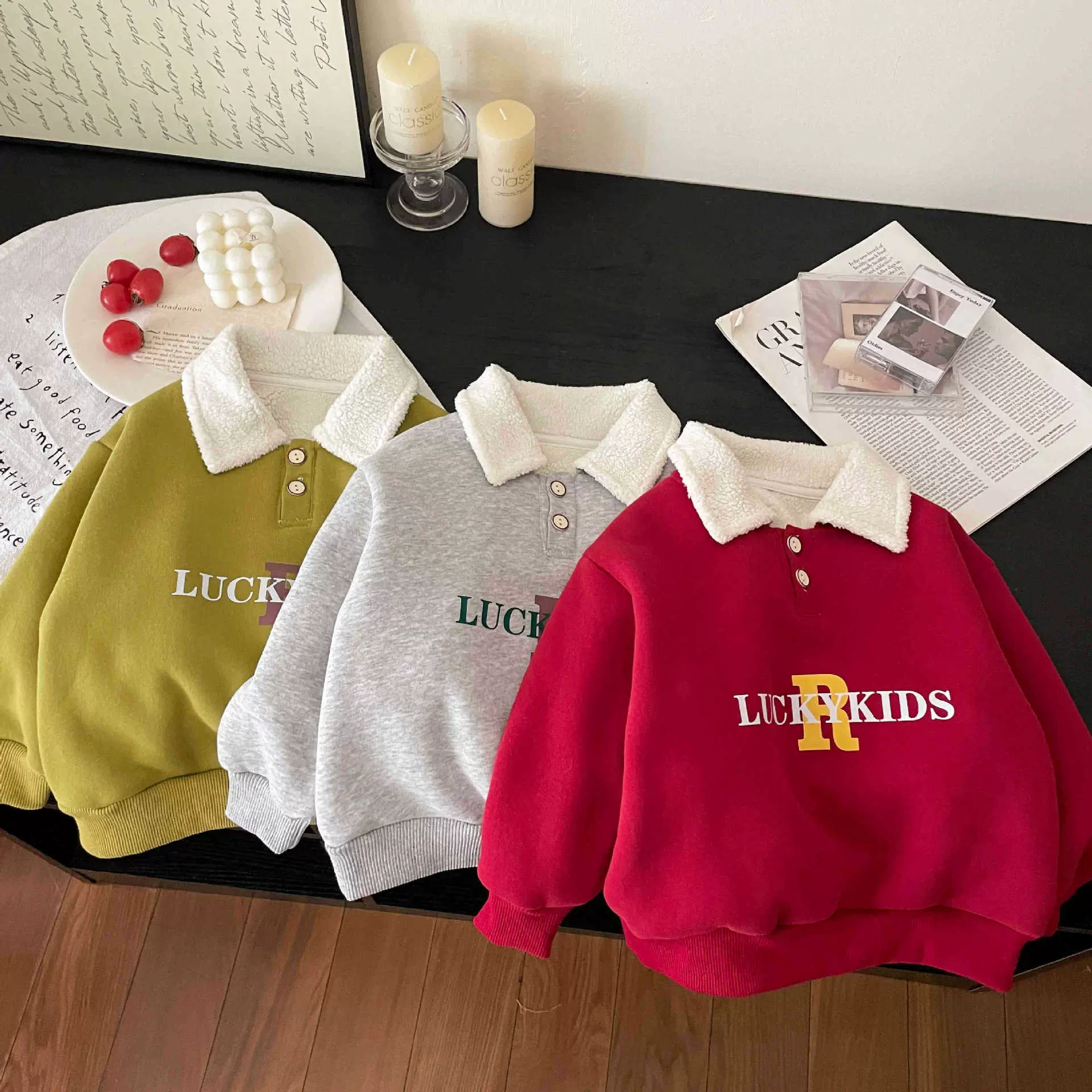 冬季女童男童POLO领加绒加厚卫衣韩范儿童翻领保暖洋气休闲打底