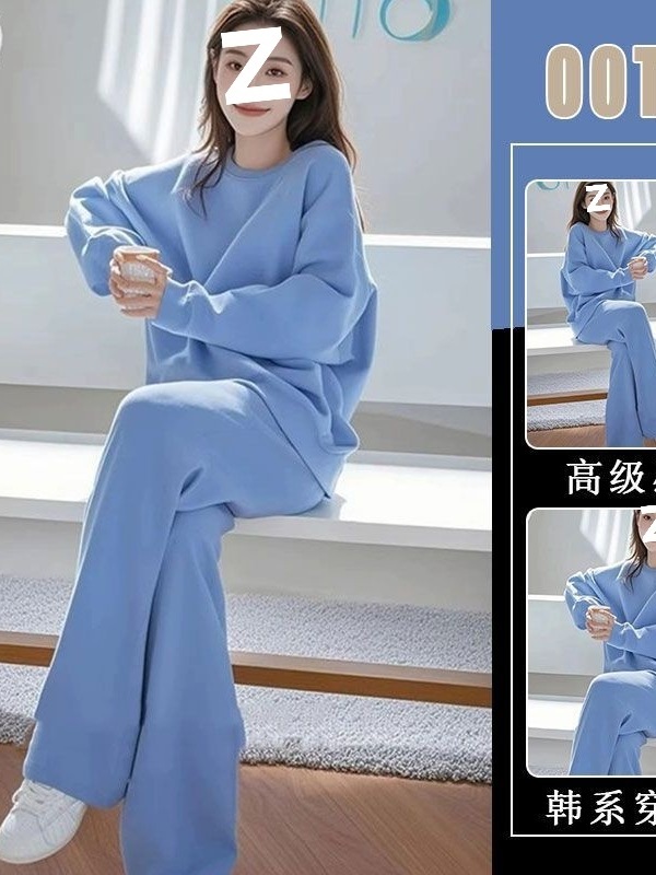 高级感韩系一整套ootd穿搭又a又飒早秋休闲蓝色卫衣套装裤子女士|undefined