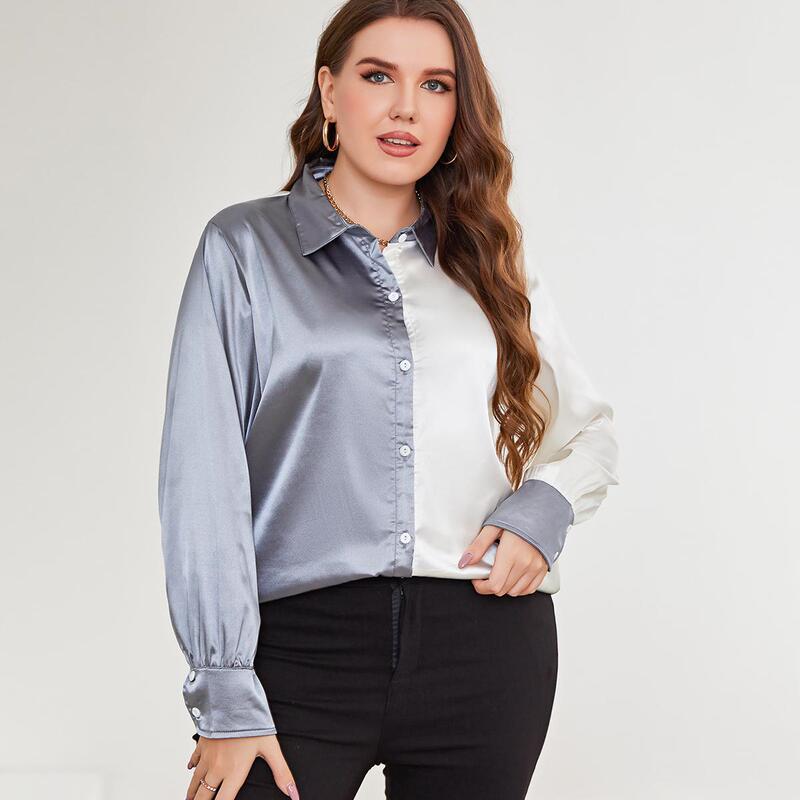 Wal-Mart cross-border women's clothing fashion artificial silk contrast color long-sleeved shirt European and American plus size T-shirt women's foreign trade independent station