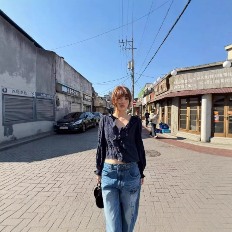 26 Korean Niche Design Style Casual Slim-Fit V-Neck Retro Jacquard Lace Long-Sleeve Shirt for Women