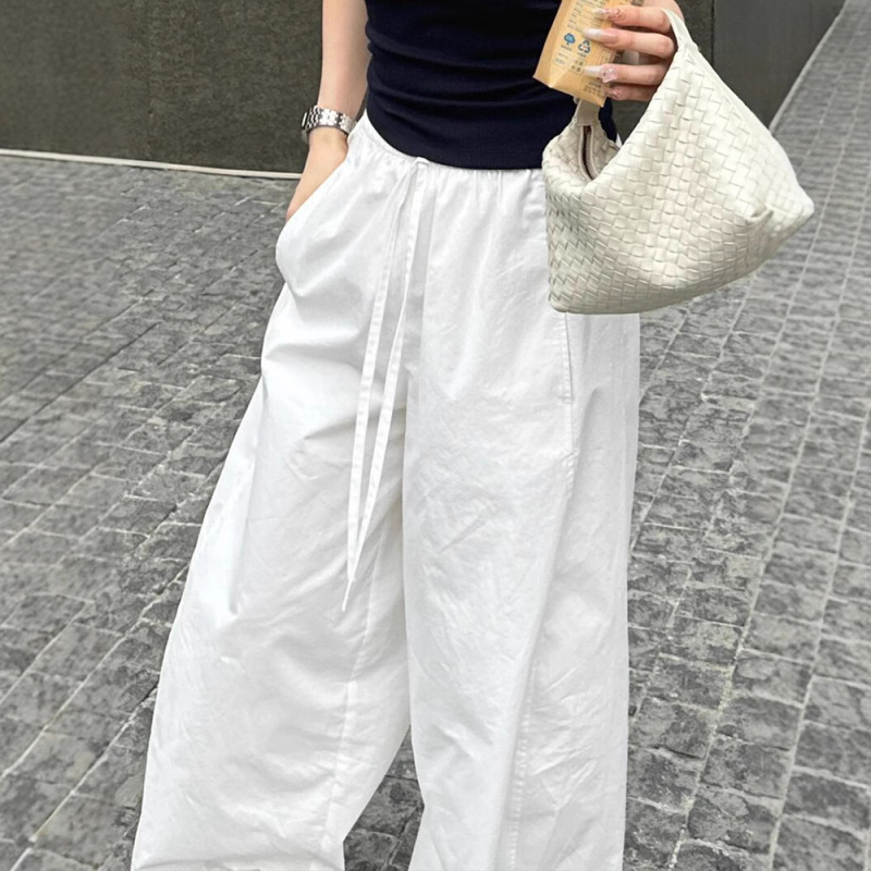 chao级推荐！极简白色抽绳阔腿裤女春夏2025新款抽绳宽松休闲长裤|undefined