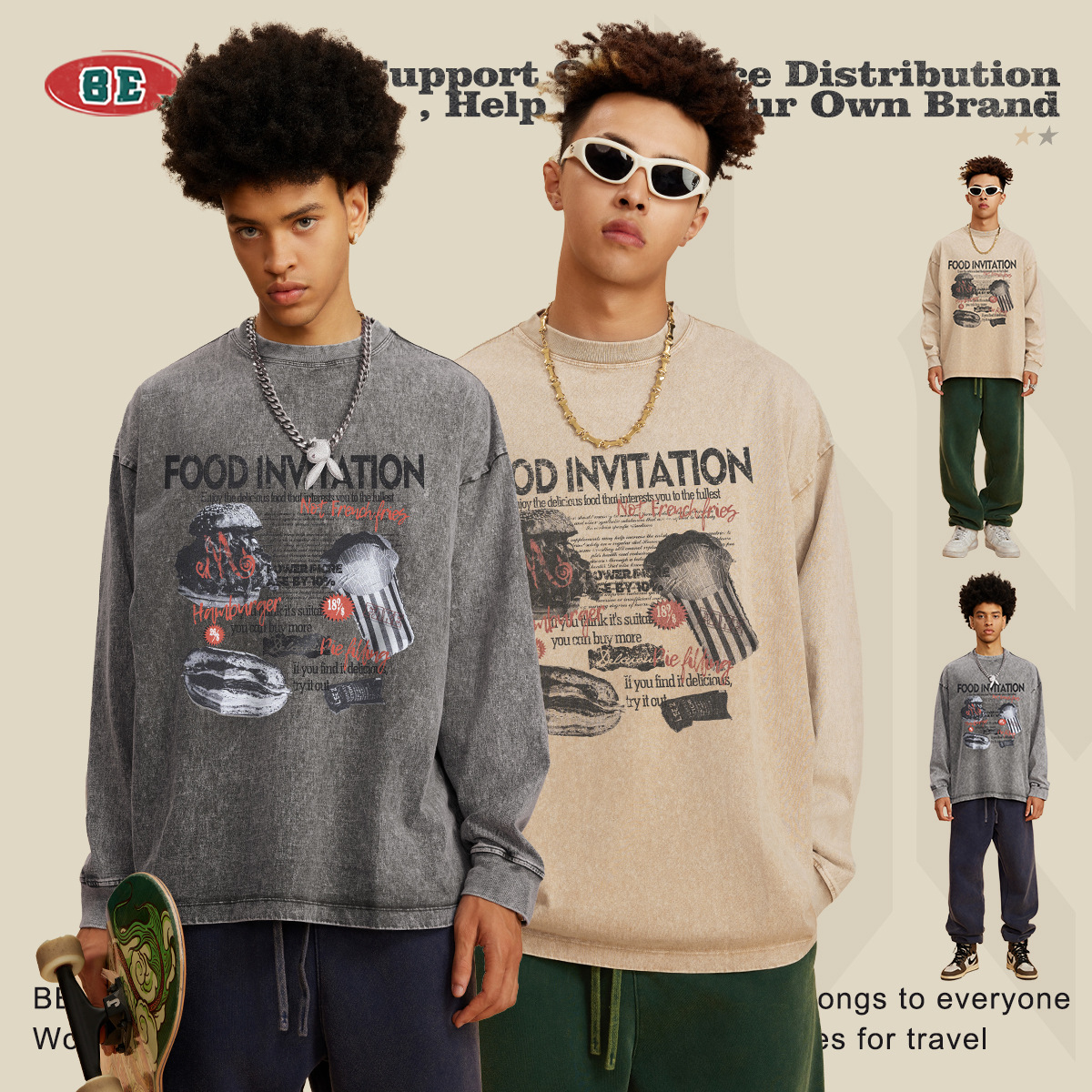 Ropa para Hombre BE | Camiseta de manga larga para hombre, estilo americano, holgada, de algodón puro, con estampado retro de tinta blanca, a la moda, otoño 2025