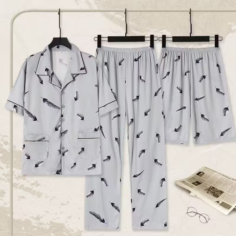 Pijamas de tres piezas para hombre verano 100% algodón pantalones de manga corta traje Delgado verano dibujos animados más tamaño homewear