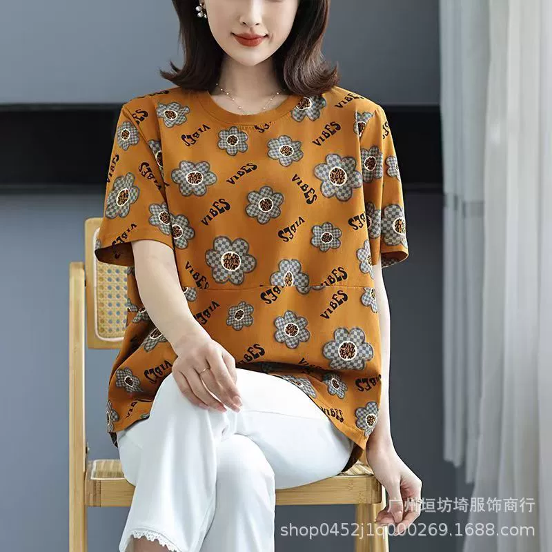 Женская футболка с коротким рукавом, летняя новинка 2025 года, свободного кроя, для женщин среднего возраста, скрывающая живот, стильный топ