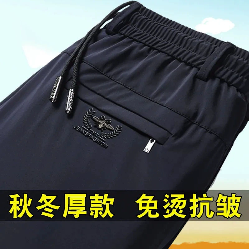 Осенне-зимние толстые мужские брюки Прямые повседневные брюки для среднего и пожилого возраста Свободные эластичные брюки с защитой от морщин, не гладильная одежда для папы