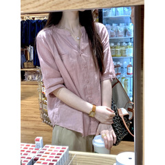 粉色棉麻短袖衬衫女夏季2025新款轻薄款衬衣巨好看的苎麻小衫上衣