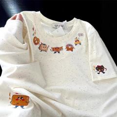 日系レトロ漫画刺繍カラー波点半袖tシャツ女性夏ゆるいchic港味小衆純綿上着