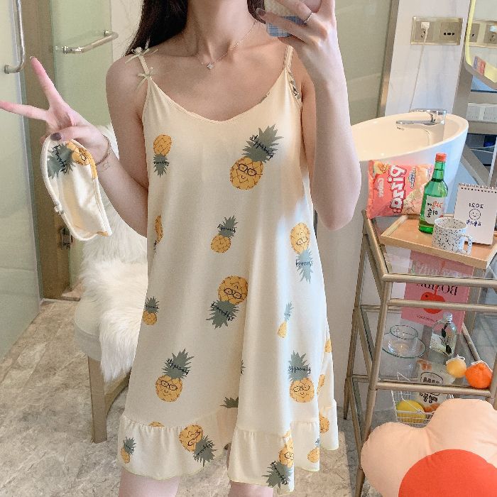 Summer Nightgown Women's Suspender Dress Thin with Breast Pad Small Sexy Cartoon Cute Student Pajamas Home Clothes