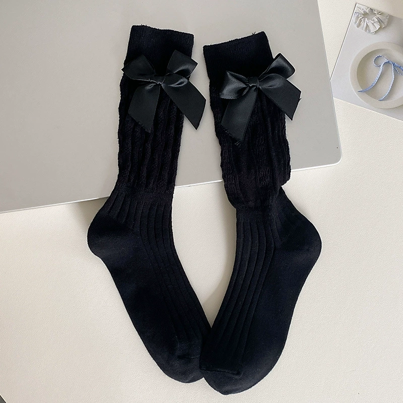 Lace tights with bow, summer thin white socks, mid-length