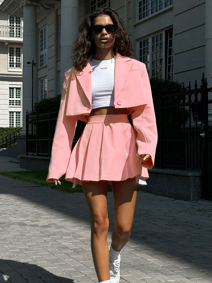 Bộ vest blazer dáng ngắn cổ ve áo kèm chân váy siêu ngắn dài tay — Màu hồng, Màu hồng nhạt, Màu đen, Tất cả các màu đều có trong kho, size L trọng lượng: 670g chi tiết 45