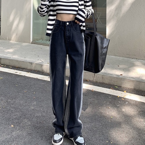 Black straight-leg jeans for women spring and summer  new style high-waisted loose and versatile floor-length wide-leg pants for small people