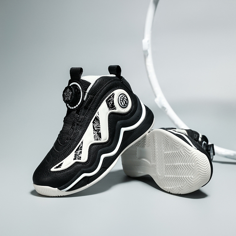 Zapatillas de baloncesto altas para niños, zapatos para niños con botones giratorios para niños, zapatillas de deporte antideslizantes para niños de mediana edad, estilo de cuero de otoño