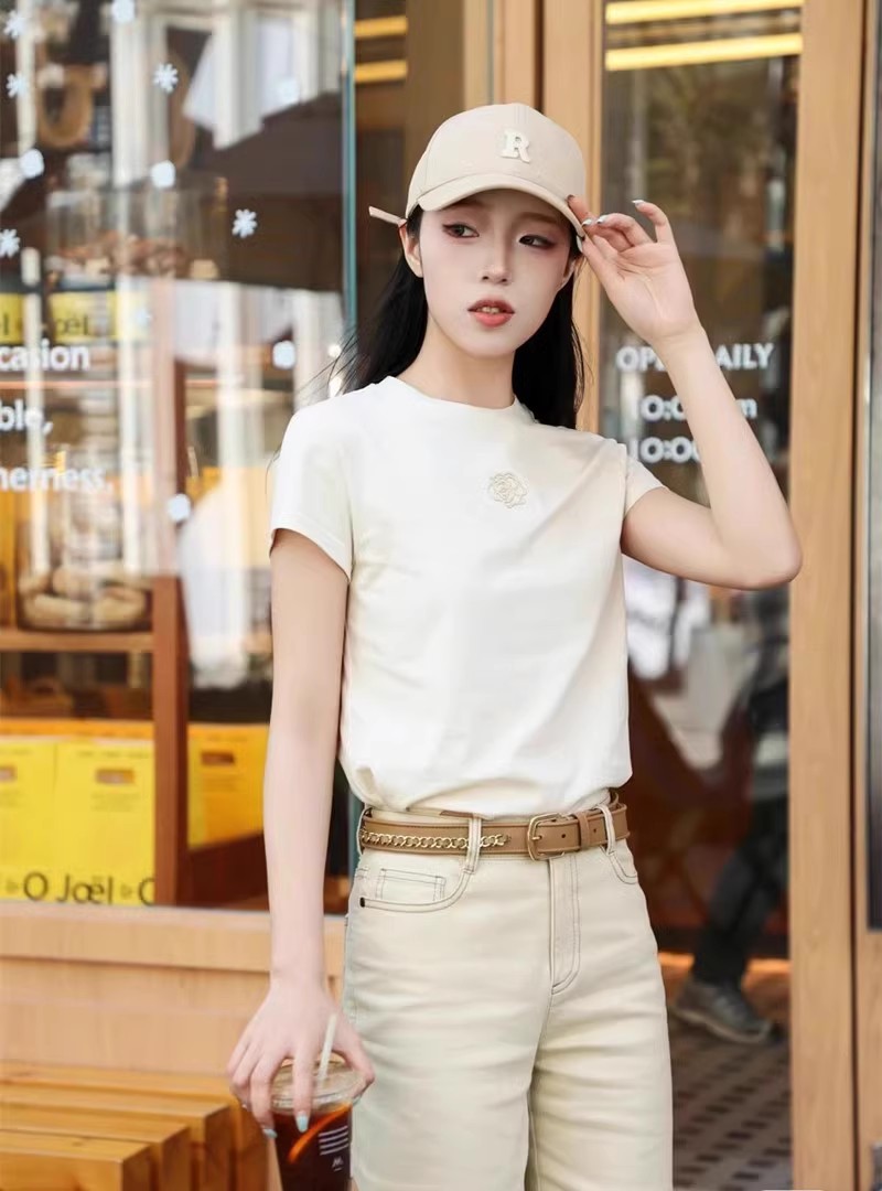 Áo thun nữ cổ tròn cotton thêu hoa hồng tay ngắn — Màu đen ngọt ngào chi tiết 13