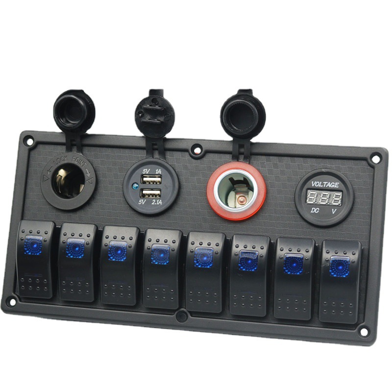 8路船形开关组合面板带点烟器电压表 车船改装8GANG开关带充电器z