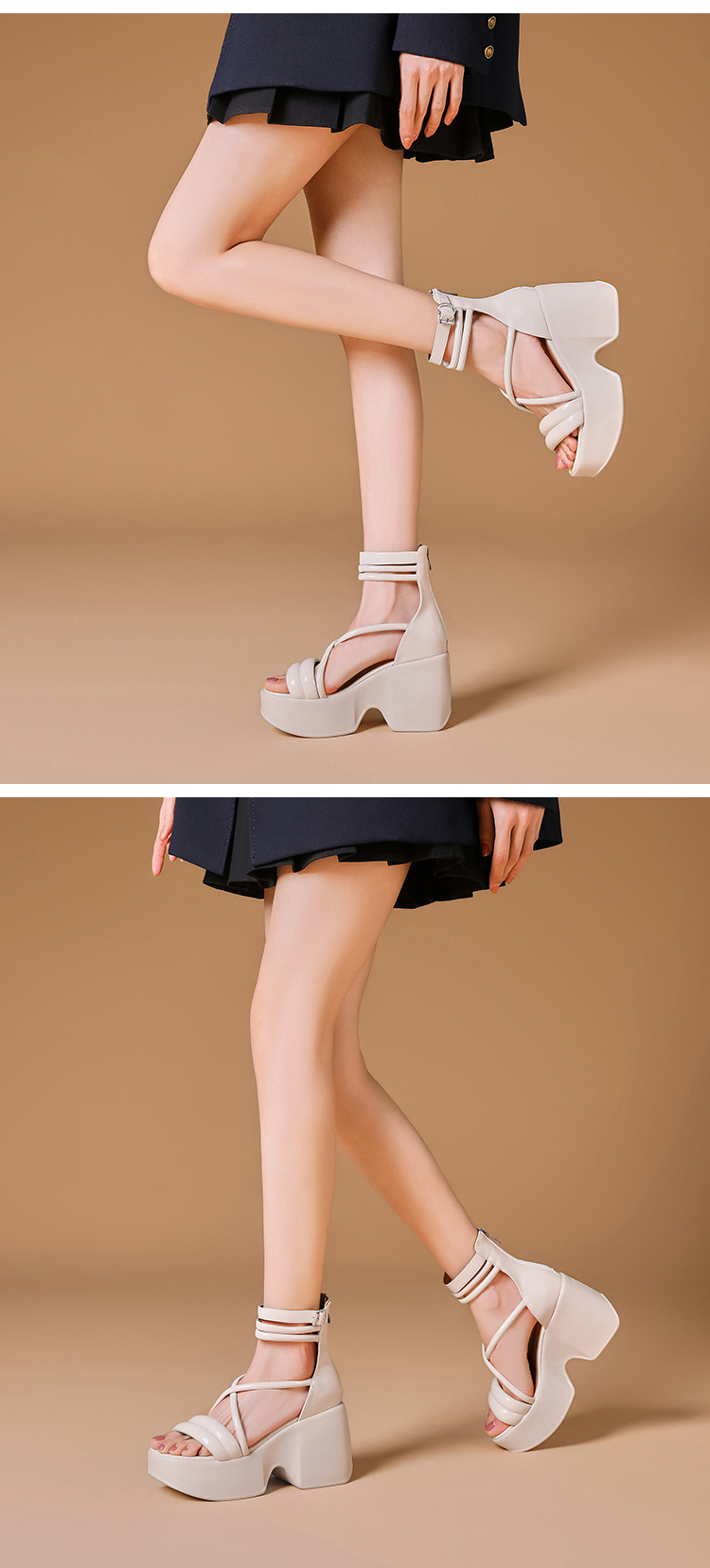 Sandal cao gót La Mã hở mũi đế platform dây kéo sau gót 10 cm — Màu đen, Màu hồng, Màu trắng be chi tiết 6