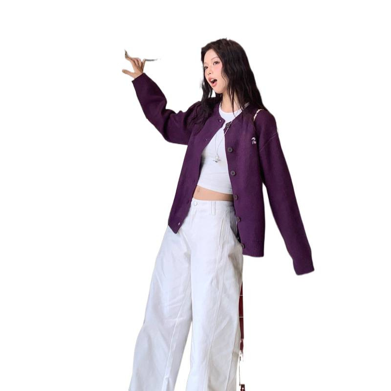韩系慵懒风超显白紫色毛衣开衫外套女秋季休闲宽松针织开衫上衣|undefined