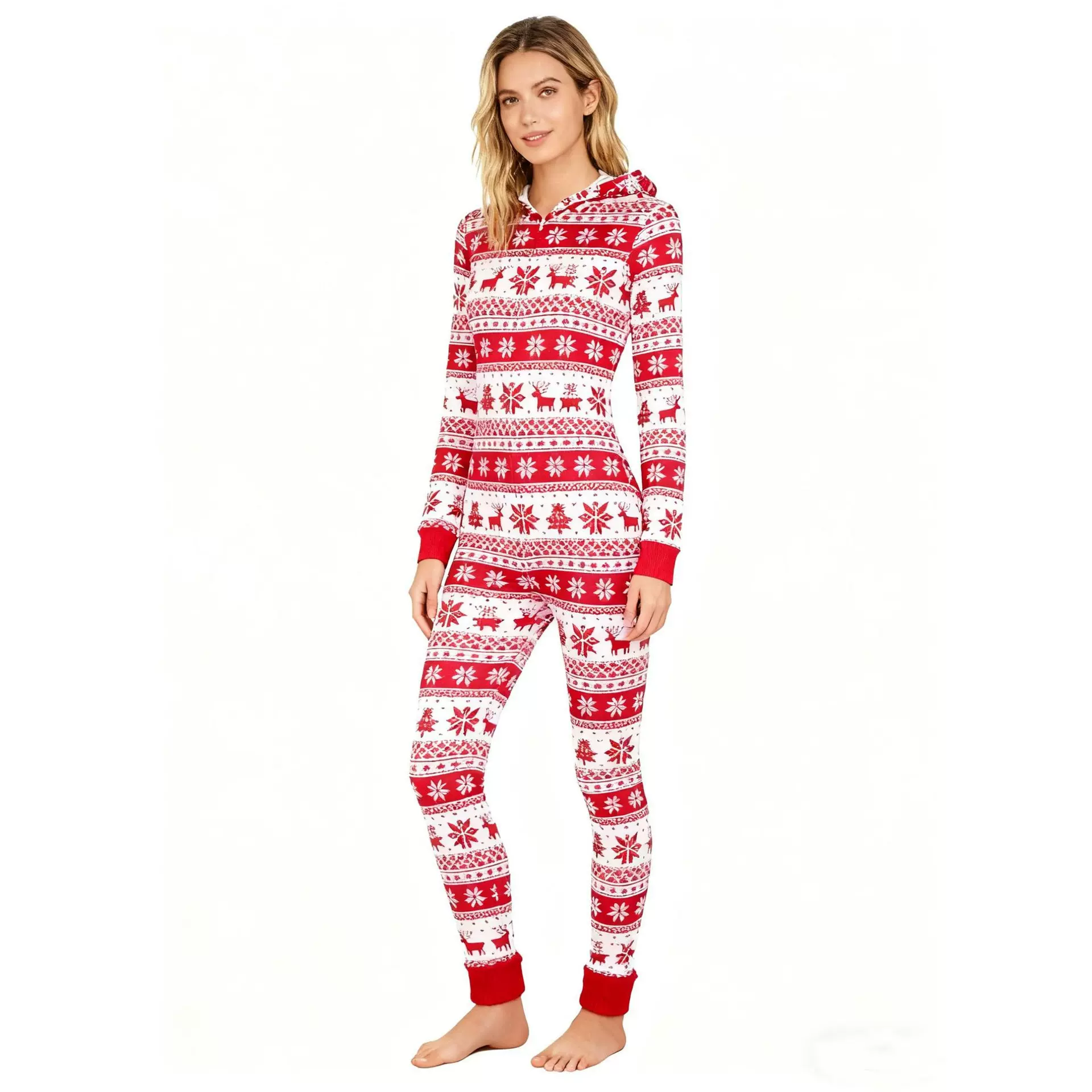 2025欧美 跨境 独立站女士圣诞长袖印花睡衣长裤秋冬家居服连体裤