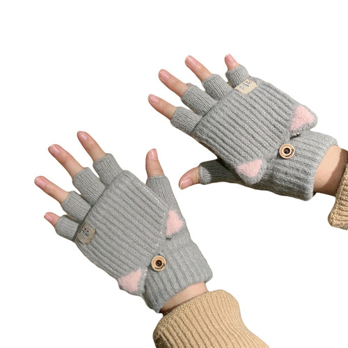 Winter gloves for women, autumn and winter cute fleece-lined warm and cold-proof half-finger flip-top gloves for students—men's writing gloves with plush lining.