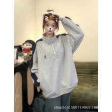 立领灰色卫衣女秋冬加绒加厚美式高街oversize无帽潮牌高级感上衣