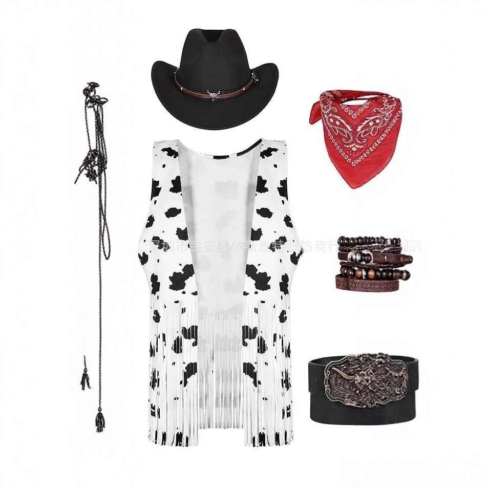 女式流苏背心无袖 70 年代嬉皮士仿麂皮饰边西部牛仔流苏夹克开衫