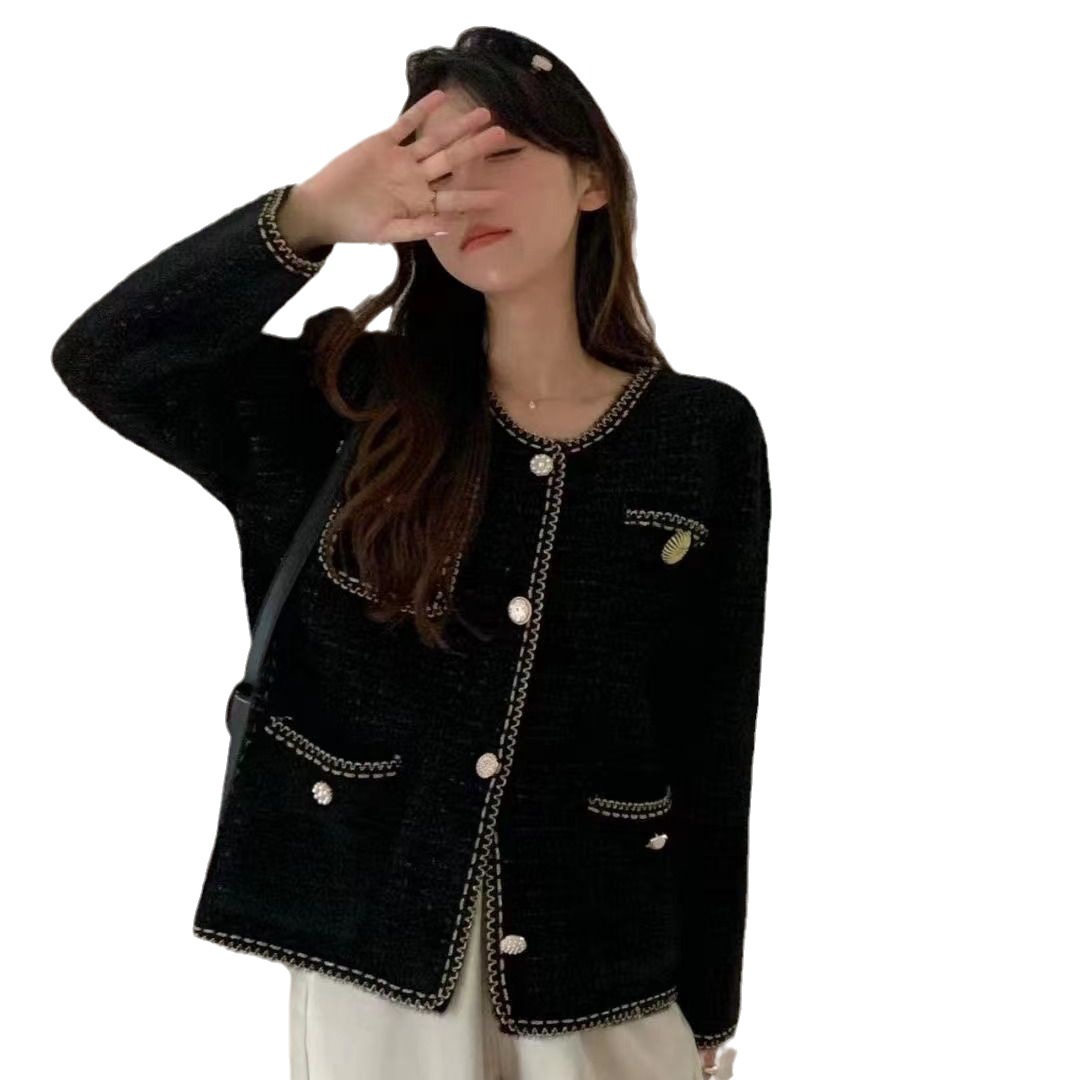 Moda Chanel estilo de punto cardigan suéter Otoño e Invierno Nuevo estilo Faux visón terciopelo cuello redondo oro seda Plaid todo-coincidencia abrigo para mujeres