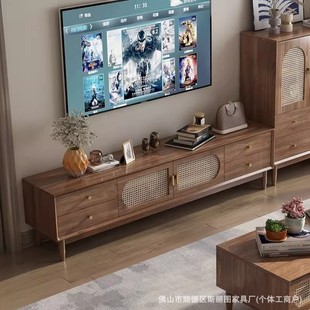 Middle Ancient Retro Rattan TV Cabinet Coffee Table 2025 New Living Room Home French Floor Locker Solid Wood Frame