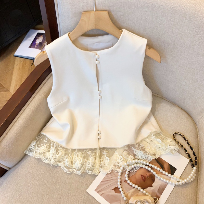 French Socialite Style Lace Hem Splicing Vest for Women Summer New Round Neck Versatile Sleeveless Vest Trendy and Versatile