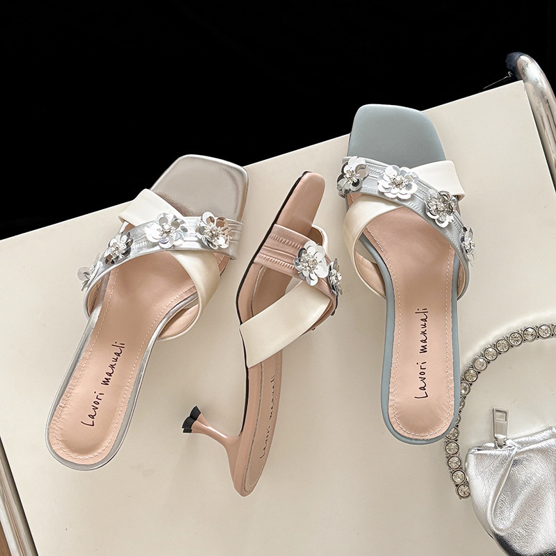 Hello Sweet! ~ French Fairy Style Sequined Flower Cross Strap Slippers Stiletto Square Toe Elegant One-Line Sandals