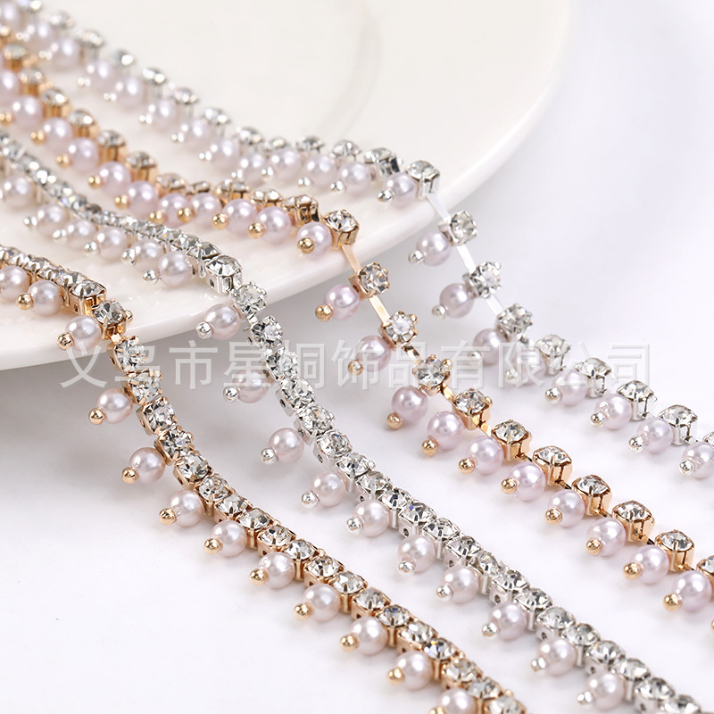 Cross-border hot sale 4mm diamond pearl four angle claw drill chain thin dense DIY clothing wedding dress accessories