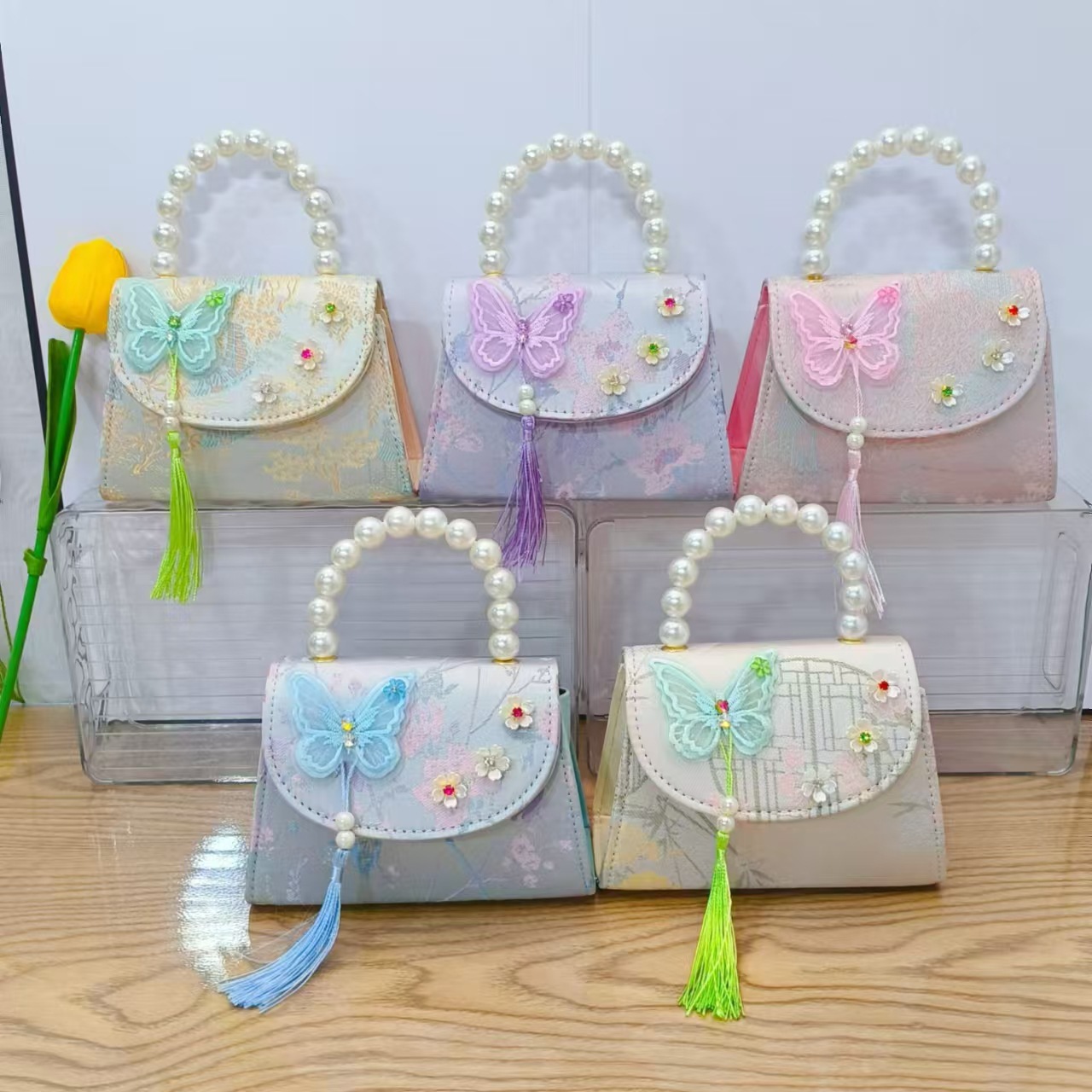 Bolso de princesa con lazo de estilo chino, bolso de hombro con borla de perlas, regalo del día del niño para niñas, bolso de accesorios Hanfu