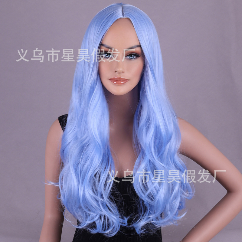 light blue Long Wave Wig Women Girl Charming Wave Wig For Cosplay Party Wig light blue Long Wave Wig Women Girl Charming Wave Wig For Cosplay Party Wig