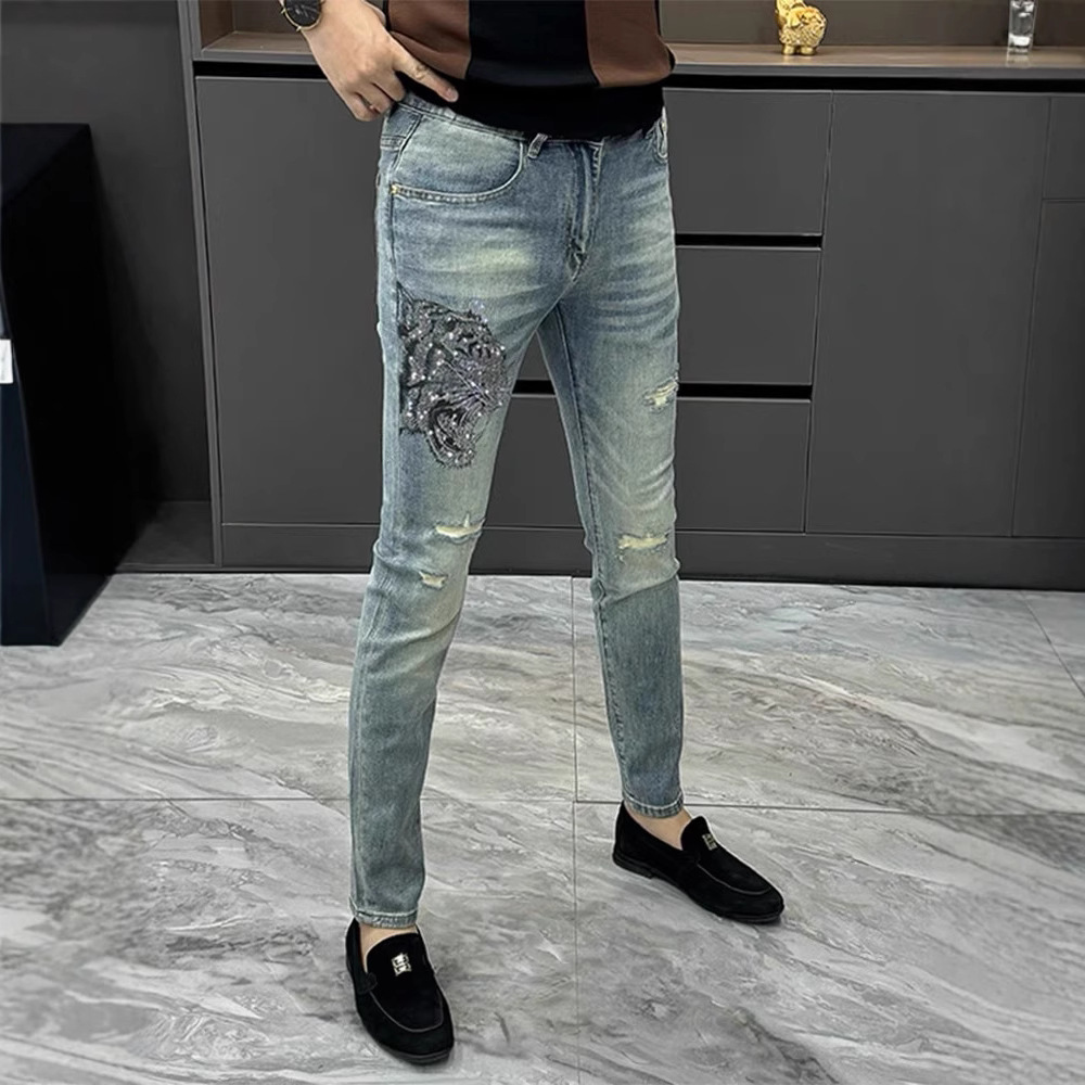 Trendy Ripped Men's Jeans Summer New Rhinestone Tiger Head Slim Fit Skinny Pants Versatile Stylish Men's Pants