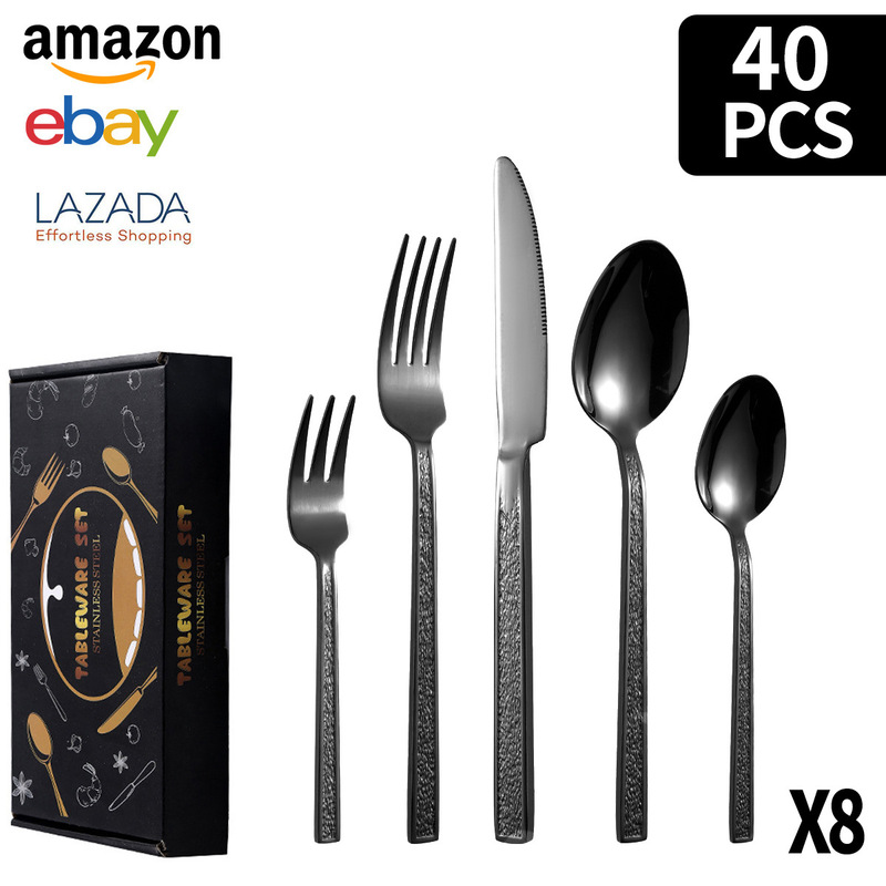 クロスボーダーステンレス食器角ハンドル石模様20/30/40/60ピースセットチタンメッキ洋食器ステーキナイフ、フォーク、スプーン|undefined