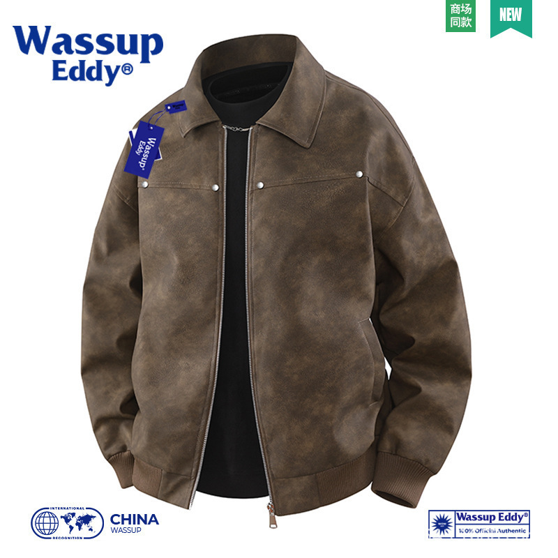 Wassup Eddy American Retro Pu Leather Jacket Men's High-End Motorcycle Leather Jacket Spring and Autum Lapel Jacket Wassup Eddy American Retro Pu Leather Jacket Men's High-End Motorcycle Leather Jacket Spring and Autum Lapel Jacket