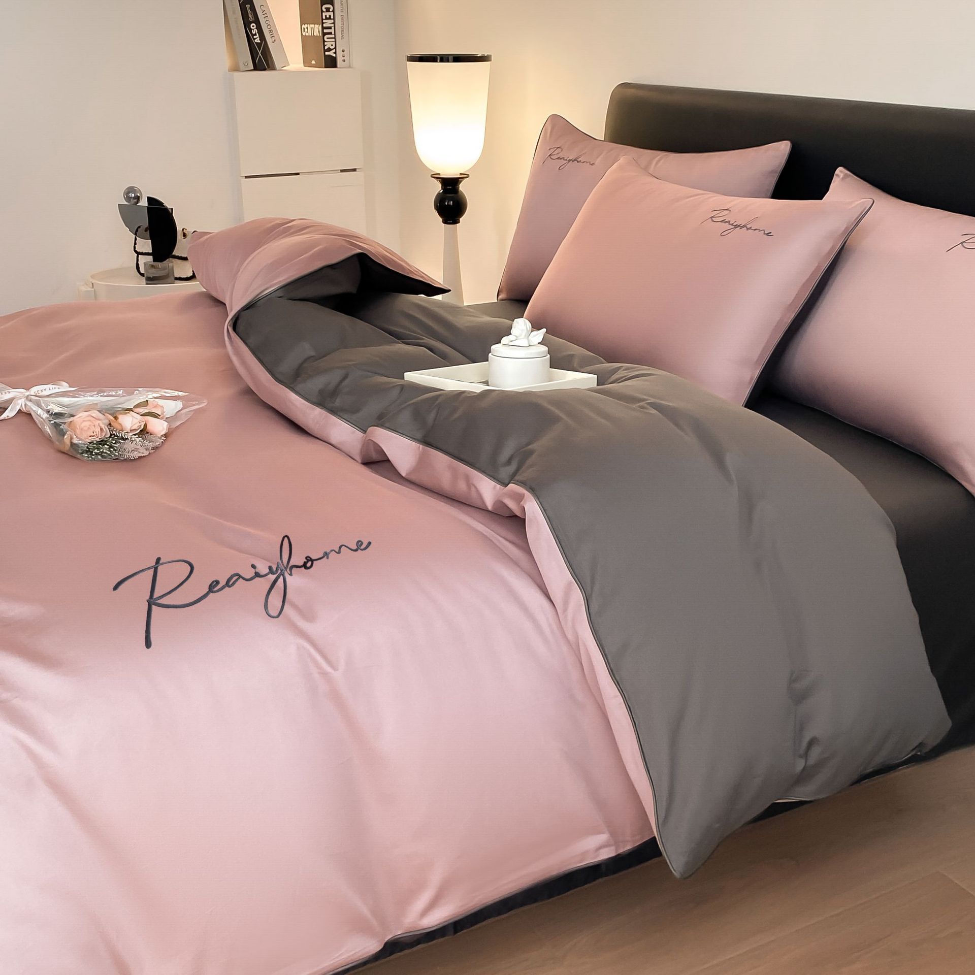Pasta de frijoles gris oscuro [tejido de algodón para dormir desnudo agradable para la piel] / Estilo de sábana de 0,9-1,2 m [funda de edredón: 150*200cm] juego de tres piezas