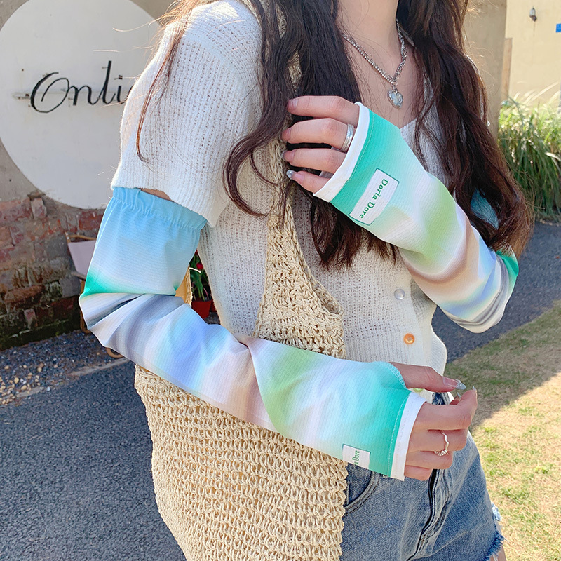 Arco iris degradado guantes de protección solar mujeres conducción al aire libre protección UV protector de brazo de seda de hielo estudiantes ciclismo protector solar mangas de hielo