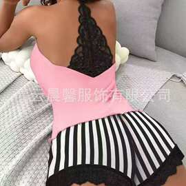 Cotton Pajamas外贸睡衣钩编牛奶丝无袖挂脖内衣短裤家居服两件套
