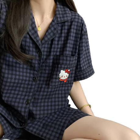 Women's Summer Pajamas, Cloud-Pattern Pure Cotton Gauze Short-Sleeve Large Size Three-Piece Set, Trendy Cute Fashion Loungewear for Spring and Autumn